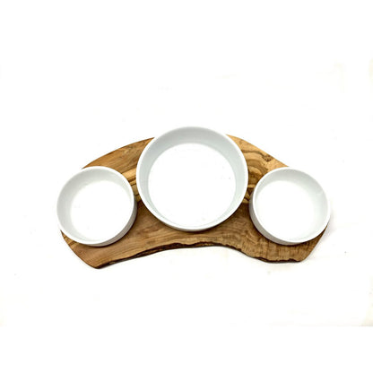 RUSTY TRIO feeding station for wet food, dry food &amp; water with 2x 0.4 L and 1x 0.9 L porcelain bowl olive wood