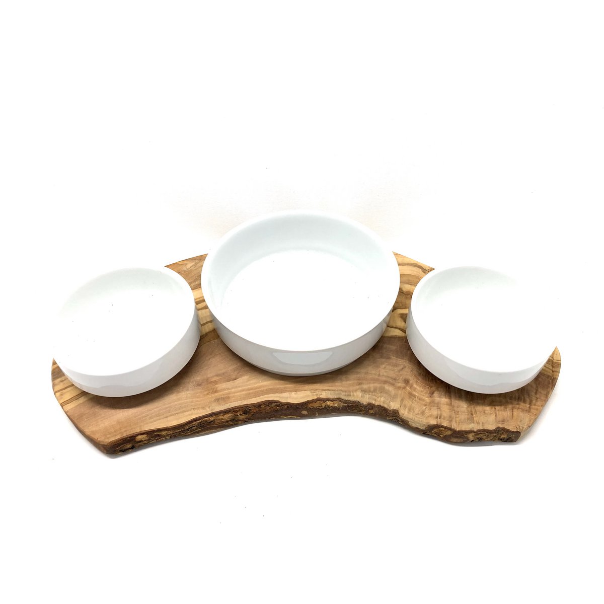 RUSTY TRIO feeding station for wet food, dry food &amp; water with 2x 0.4 L and 1x 0.9 L porcelain bowl olive wood